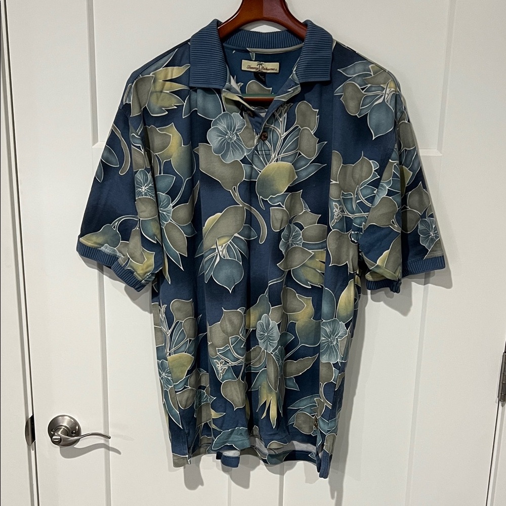 Tommy Bahama Blue Floral SilkBlend Polo Shirt Sz L